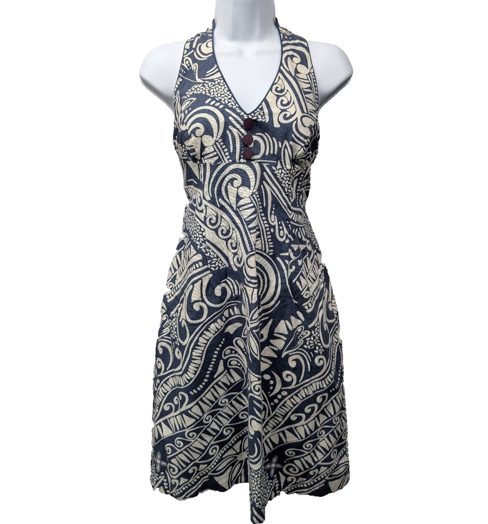Jade Melody Tam Dress Womens 6 Linen Halter Coastal Vacation Retro Blue Mod 70s